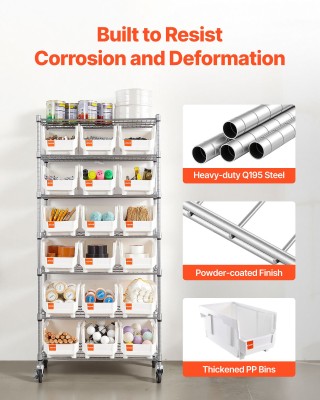 VEVOR 7-Επίπεδη Ράφι Αποθήκευσης με Ρόδες και 18 Κάδους Οργανωτές K...
