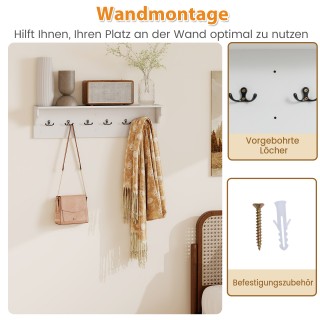 Costway Λευκή Ξύλινη Κρεμάστρα Τοίχου με Ράφι και 6 Γάντζους για Κα...