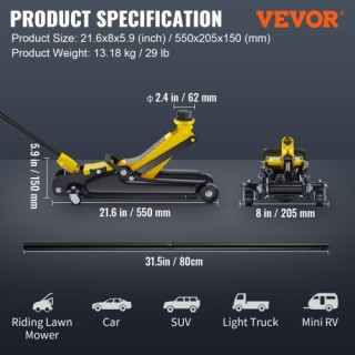 VEVOR Γρύλος Δαπέδου 2.5 Τόνων, Χαμηλού Προφίλ, Ανυψωτικό Εύρος 85-...
