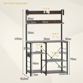 Costway Πενταώροφη Καφέ Κουζίνα με Ράφια και Ενσωματωμένη Πρίζα KC5...