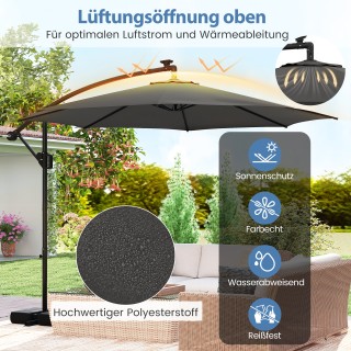 Costway Μεγάλη Γκρι Ομπρέλα 3m με LED Φωτισμό & Ρυθμιζόμενη Κλίση N...