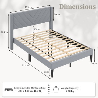 Costway Γκρι Υφασμάτινο Διπλό Κρεβάτι 200 x 140 cm με Κεφαλάρι HU10...