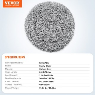 Αλυσίδα VEVOR Ψευδαργύρου 3/16 x 250 1100lbs  WGAQLTG250FTWFOTCV0