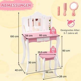 Costway  Παιδικό Τραπέζι Μακιγιάζ με Σκαμπό, Αποσπώμενο Τριπλό Καθρ...