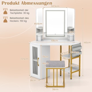Costway Γωνιακή Τουαλέτα Μακιγιάζ με Σκαμπό & LED Φωτισμό & Σταθμό ...