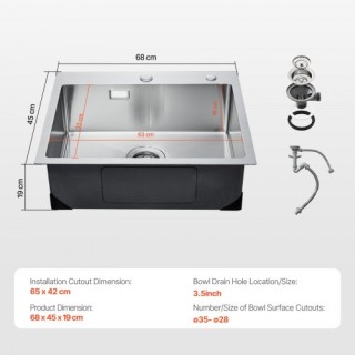 VEVOR  Νεροχύτης Κουζίνας 68εκ Ανοξείδωτος Εντοιχιζόμενος Μονός  QR...