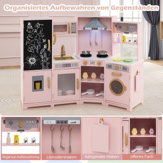 Costway  Ροζ Ξύλινη Παιδική Κουζίνα με Φως & Ήχο, Γωνιακή Σχεδίαση ...