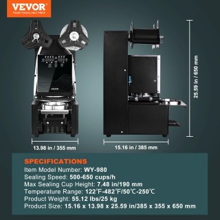 VEVOR Πλήρως Αυτόματη Μηχανή Σφράγισης Ποτηριών, 190 mm Ύψος & 90/9... VEVOR Πλήρως Αυτόματη Μηχανή Σφράγισης Ποτηριών, 190 mm Ύψος & 90/9...