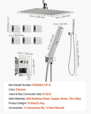 VEVOR Σετ Ντους Οροφής 254 mm με 6 Τζετ Σώματος και Πολυλειτουργικό... VEVOR Σετ Ντους Οροφής 254 mm με 6 Τζετ Σώματος και Πολυλειτουργικό...