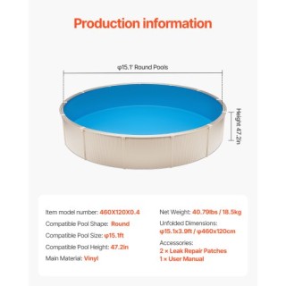 VEVOR Στρογγυλή Επένδυση Πισίνας 15ft Unibead 47in Ύψος Τοίχου Μονό... VEVOR Στρογγυλή Επένδυση Πισίνας 15ft Unibead 47in Ύψος Τοίχου Μονό...