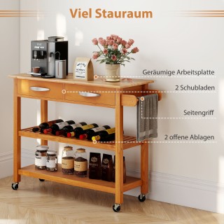 Costway Ξύλινο Κουζινικό Τρόλεϊ με Πάγκο, Συρτάρια και Ντουλάπι KC5...