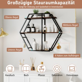 Costway Βιομηχανικό Εξάγωνο Τοιχοραφιέρα 3 Επιπέδων με Διακοσμητικά...
