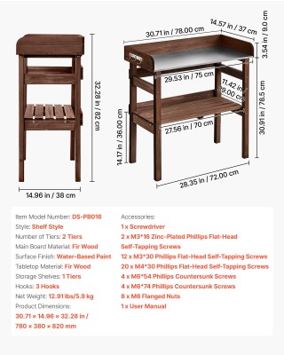 VEVOR Ξύλινος Πάγκος Κηπουρικής Εξωτερικού Χώρου με Επιφάνεια 78 x ...