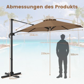 Costway Καφέ Περιστρεφόμενη Ομπρέλα Κήπου 300x300cm με Μανιβέλα NP1...