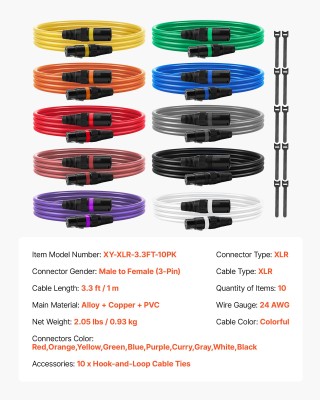 VEVOR Καλώδιο Μικροφώνου XLR 3.3 FT με Χρυσαφένια Pins & Πολύχρωμου...