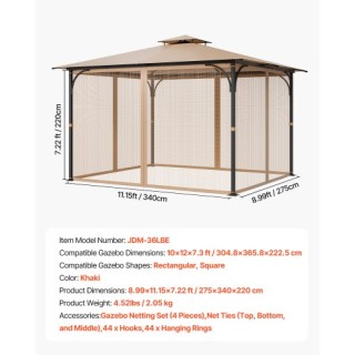 VEVOR Αντικατάσταση Δικτυωτού Δικτυωτού για Κιόσκι 10x12x7.3 ft LTW...