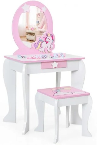 Costway Παιδικό Σετ Τουαλέτας Πριγκίπισσας με Καθρέφτη και Σκαμπό σ...