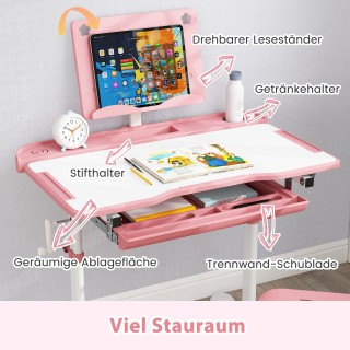 Costway Παιδικό Γραφείο με Ρυθμιζόμενο Ύψος και Κλίση, Ροζ HY10409PI