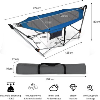Costway  Πτυσσόμενη αιώρα με σκελετό και πλαϊνή τσέπη, αντοχή έως 1...