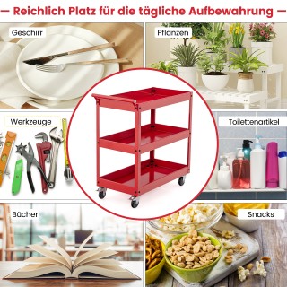 Costway Κόκκινο Μεταλλικό Καρότσι με 3 Επίπεδα Αποθήκευσης & Λαβή -...