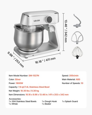 VEVOR Ισχυρό Μίξερ Κουζίνας 7,4 Λίτρων - Ασημί CJBTMSJBJYDS4FKK5001V2