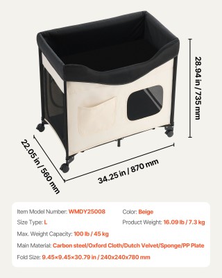 VEVOR Πτυσσόμενο Διπλό Κρεβάτι Κατοικιδίων με Ρόδες και Πλευρικές Τ...