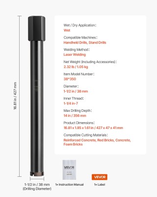 VEVOR Διαμαντένιο Τρυπάνι Υγρής Κοπής - 38mm, 356mm Διάτρηση, Υψηλή... VEVOR Διαμαντένιο Τρυπάνι Υγρής Κοπής - 38mm, 356mm Διάτρηση, Υψηλή...