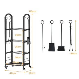 Costway Τετράροφη Κινητή Ξυλοθήκη από Μέταλλο & Ξύλο με Λαβίδα για ...