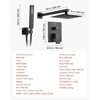 VEVOR Σετ Ντους με Οροφή και Χειριστήριο 8 σε Ματ Μαύρο BGSAZDPHSZH...