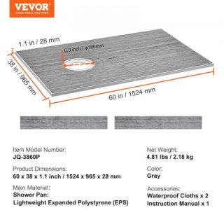 Σετ Ντουζιέρας VEVOR με Αποχέτευση 160mm, 1524x965mm  LYAZDB6038YCZ...