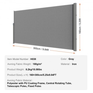 VEVOR Αναδιπλούμενη Πλευρική Τέντα 160x300cm, Γκρι  KSSCP160X300IWJ...