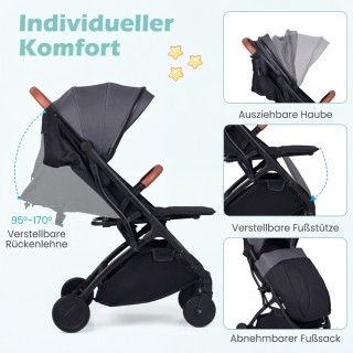 Costway Αναδιπλούμενο παιδικό καρότσι ταξιδιού γκρι με κάλυμμα βροχ...