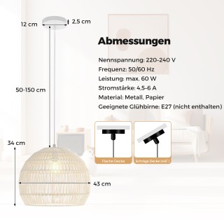 Costway  Κρεμαστό Φωτιστικό Μποέμ με Πλεκτό Σχέδιο σε Μπεζ Αποχρώσε...