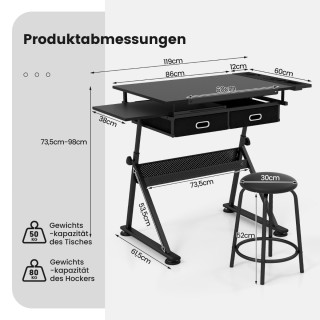 Costway Ρυθμιζόμενο Τραπέζι Σχεδίασης με Σκαμπό & Κλίση Επιφάνειας ...