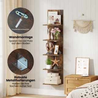 Costway Καφέ κάθετο επιτοίχιο ξύλινο ράφι 5 επιπέδων, 129 x 21,5 x ...