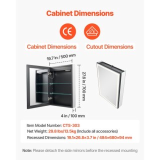 VEVOR Φωτιζόμενο Ντουλάπι Καθρέφτης 50 x 70 εκ. Εντοιχισμένο με Φωτ...