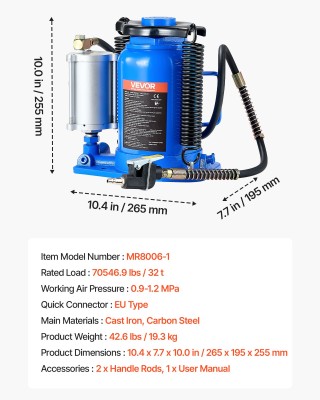 VEVOR Υδραυλικός Γρύλος Μπουκαλιού Αέρος 32 Τόνων για Οχήματα QDPSQ...