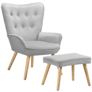 BAKAJI  Πολυθρόνα με Υποπόδιο Σαλονιού σε Γκρι Βελούδο Καρέκλα με Μ...