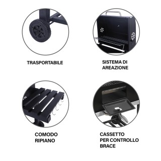 Galileo Ορθογώνιο μπάρμπεκιου από ανθρακοχάλυβα με ρόδες, 2 ράφια 1...