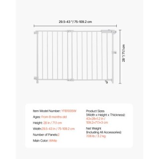 VEVOR Παιδική Πύλη Ρυθμιζόμενη 29.5-43 Ίντσες 28 Ίντσες Ύψος Λευκή ...
