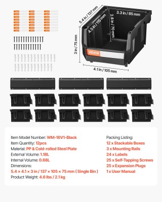 VEVOR Επιτοίχια Αποθηκευτικά Κουτιά, 12 Πλαστικά Δοχεία & 3 Μεταλλι... VEVOR Επιτοίχια Αποθηκευτικά Κουτιά, 12 Πλαστικά Δοχεία & 3 Μεταλλι...