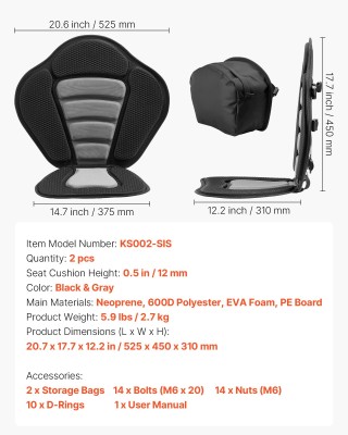 VEVOR Σετ 2 Καθισμάτων Καγιάκ 12mm, Καθολική Θέση SUP με Πλάτη & Ρυ...