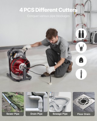 VEVOR Μηχανή Καθαρισμού Αποχέτευσης με Κόμπρα 15m x 8mm, Αυτόματη Τ...