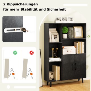 Costway Μαύρη Βιβλιοθήκη με Πόρτες & Ανοιχτά Ράφια για Γραφείο ή Σα...