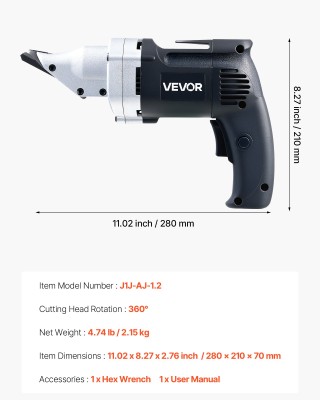 VEVOR Ηλεκτρικό Ψαλίδι Μετάλλων, 480W, 360° Περιστρεφόμενη Κεφαλή, ...