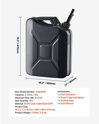 VEVOR Καναπές Μεταφοράς Καυσίμου 20L με Στόμιο & Άνετη Λαβή, Μέγ. Ρ...