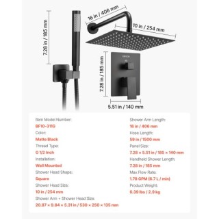 VEVOR Σετ Ντους με Τετράγωνη Κεφαλή 10 και Χειροκίνητο Ντους Μαύρο ...