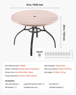 VEVOR Στρογγυλό Τραπέζι Βεράντας 103cm με Τρύπα Ομπρέλας για 4 Άτομ... VEVOR Στρογγυλό Τραπέζι Βεράντας 103cm με Τρύπα Ομπρέλας για 4 Άτομ...
