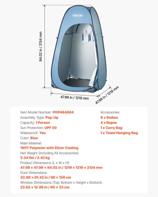 VEVOR Φορητή Σκηνή Ντους & Αλλαγής Ρούχων με Τσάντα Μεταφοράς, Παρέ...