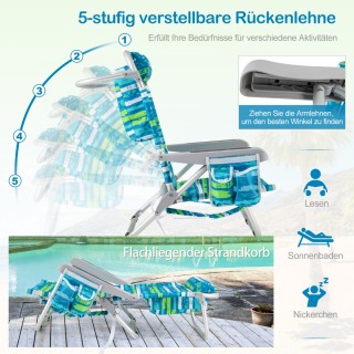 Costway Πτυσσόμενη Καρέκλα Παραλίας Ρυθμιζόμενη με Μαξιλάρι και Απο...